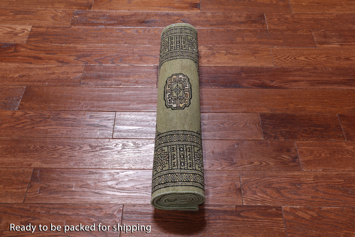 Green Bokhara Hand Knotted Wool Runner Rug - 2' 6" X 7' 5"