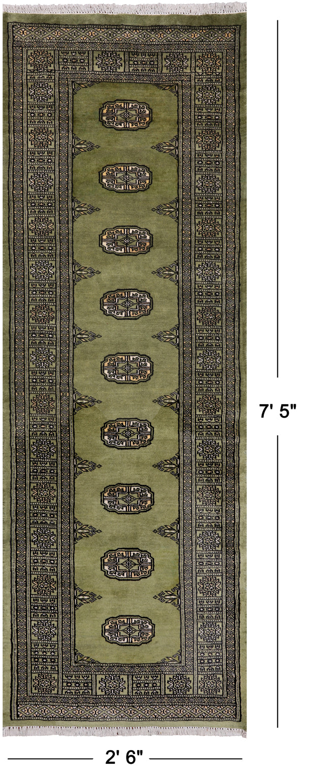 Green Bokhara Hand Knotted Wool Runner Rug - 2' 6" X 7' 5"