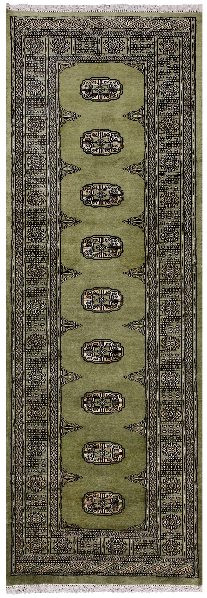 Green Bokhara Hand Knotted Wool Runner Rug - 2' 6" X 7' 5"