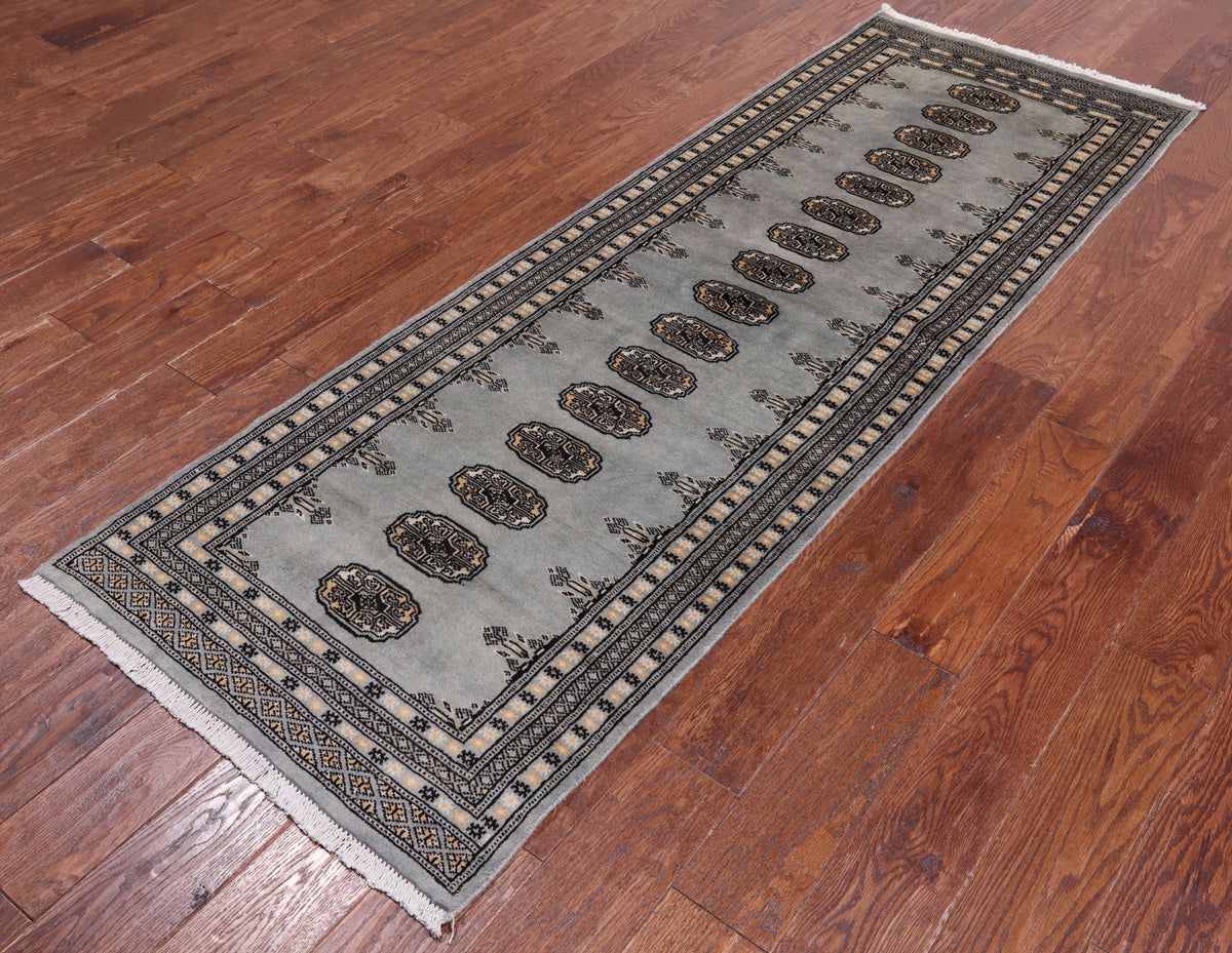 Grey Bokhara Hand Knotted Wool Runner Rug - 2' 5" X 7' 6"