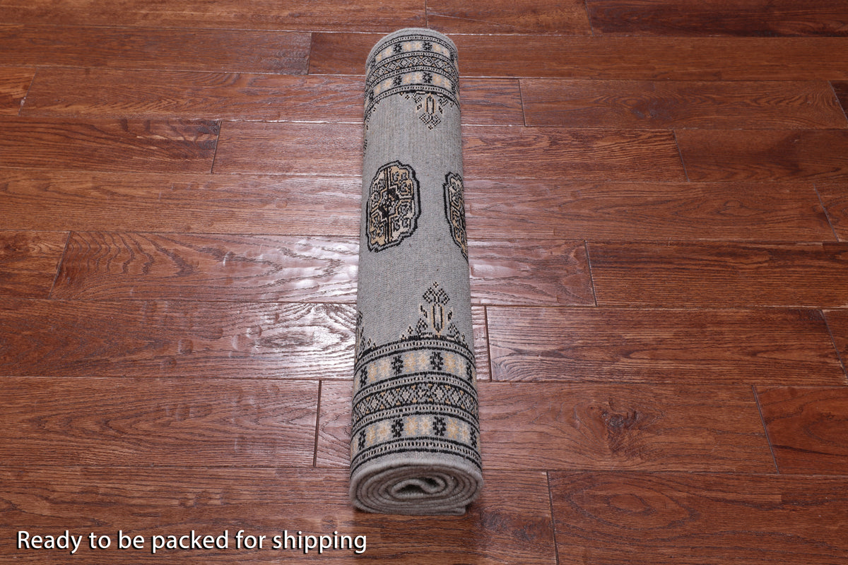 Grey Bokhara Hand Knotted Wool Runner Rug - 2' 5" X 7' 6"