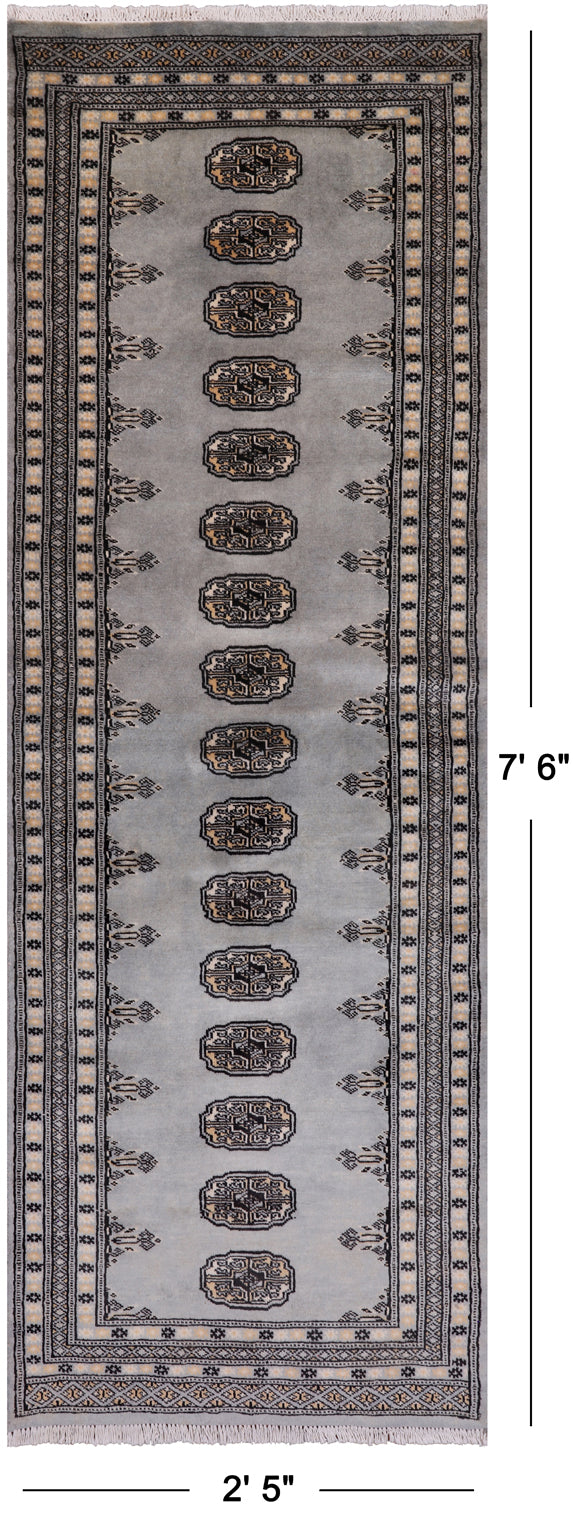 Grey Bokhara Hand Knotted Wool Runner Rug - 2' 5" X 7' 6"