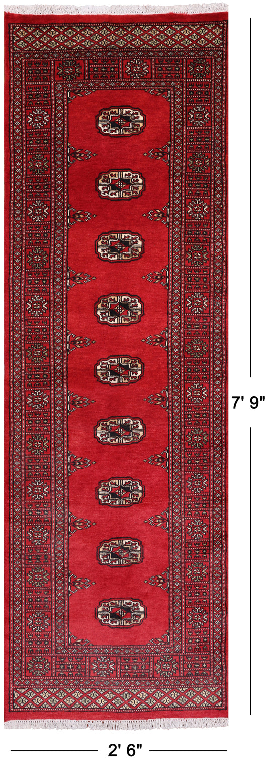 Red Bokhara Hand-Knotted Wool Runner Rug - 2' 6" X 7' 9"