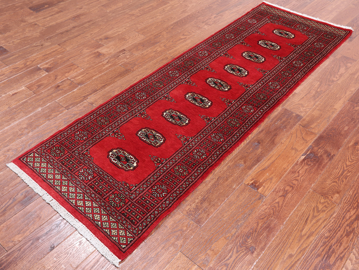 Red Bokhara Hand-Knotted Wool Runner Rug - 2' 6" X 7' 9"