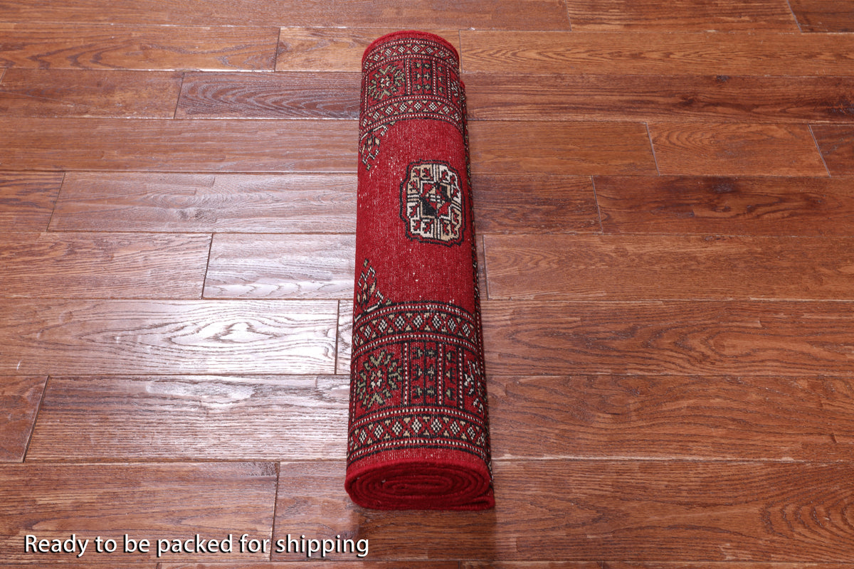 Red Bokhara Hand-Knotted Wool Runner Rug - 2' 6" X 7' 9"
