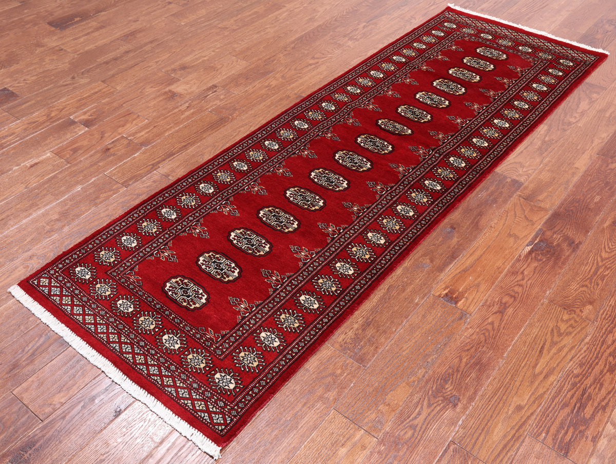 Red Bokhara Hand Knotted Wool Runner Rug - 2' 6" X 7' 9"