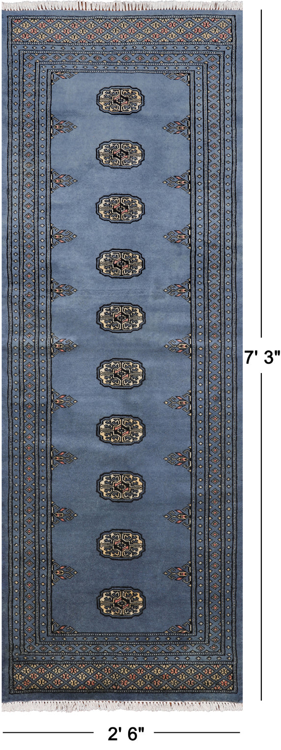 Blue Bokhara Hand-Knotted Wool Runner Rug - 2' 6" X 7' 3"