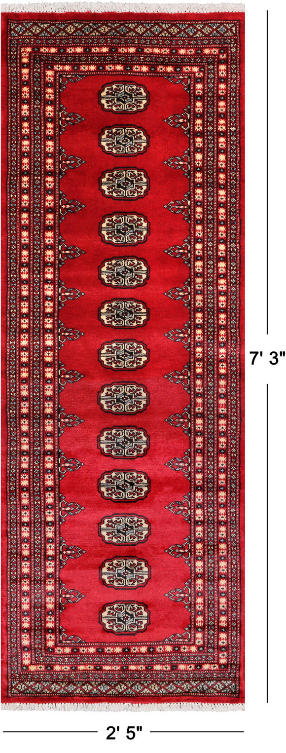 Red Bokhara Hand Knotted Wool Runner Rug - 2' 5" X 7' 3"