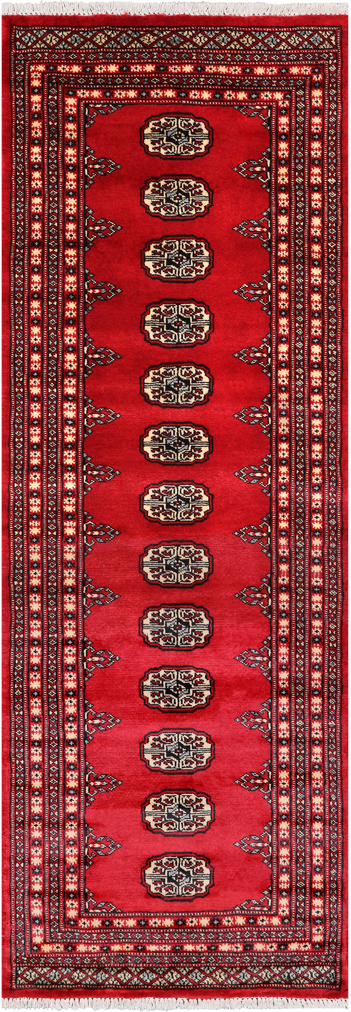 Red Bokhara Hand Knotted Wool Runner Rug - 2' 5" X 7' 3"