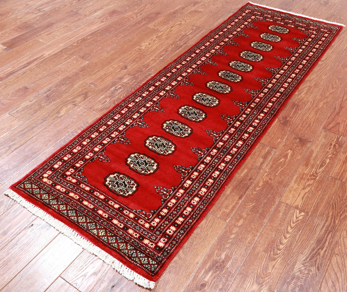 Red Bokhara Hand Knotted Wool Runner Rug - 2' 5" X 7' 3"
