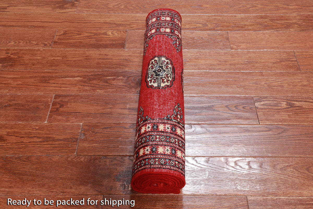Red Bokhara Hand Knotted Wool Runner Rug - 2' 5" X 7' 3"