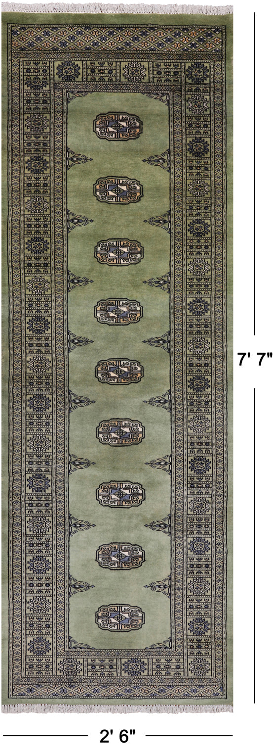 Green Bokhara Hand Knotted Wool Runner Rug - 2' 6" X 7' 7"