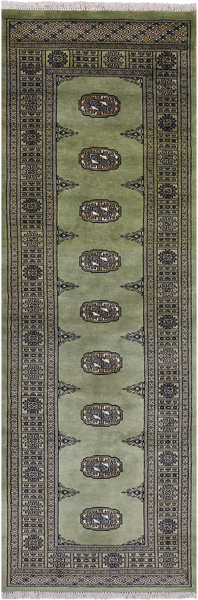 Green Bokhara Hand Knotted Wool Runner Rug - 2' 6" X 7' 7"