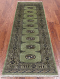 Green Bokhara Hand Knotted Wool Runner Rug - 2' 6" X 7' 7"