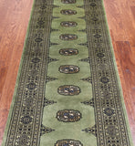 Green Bokhara Hand Knotted Wool Runner Rug - 2' 6" X 7' 7"