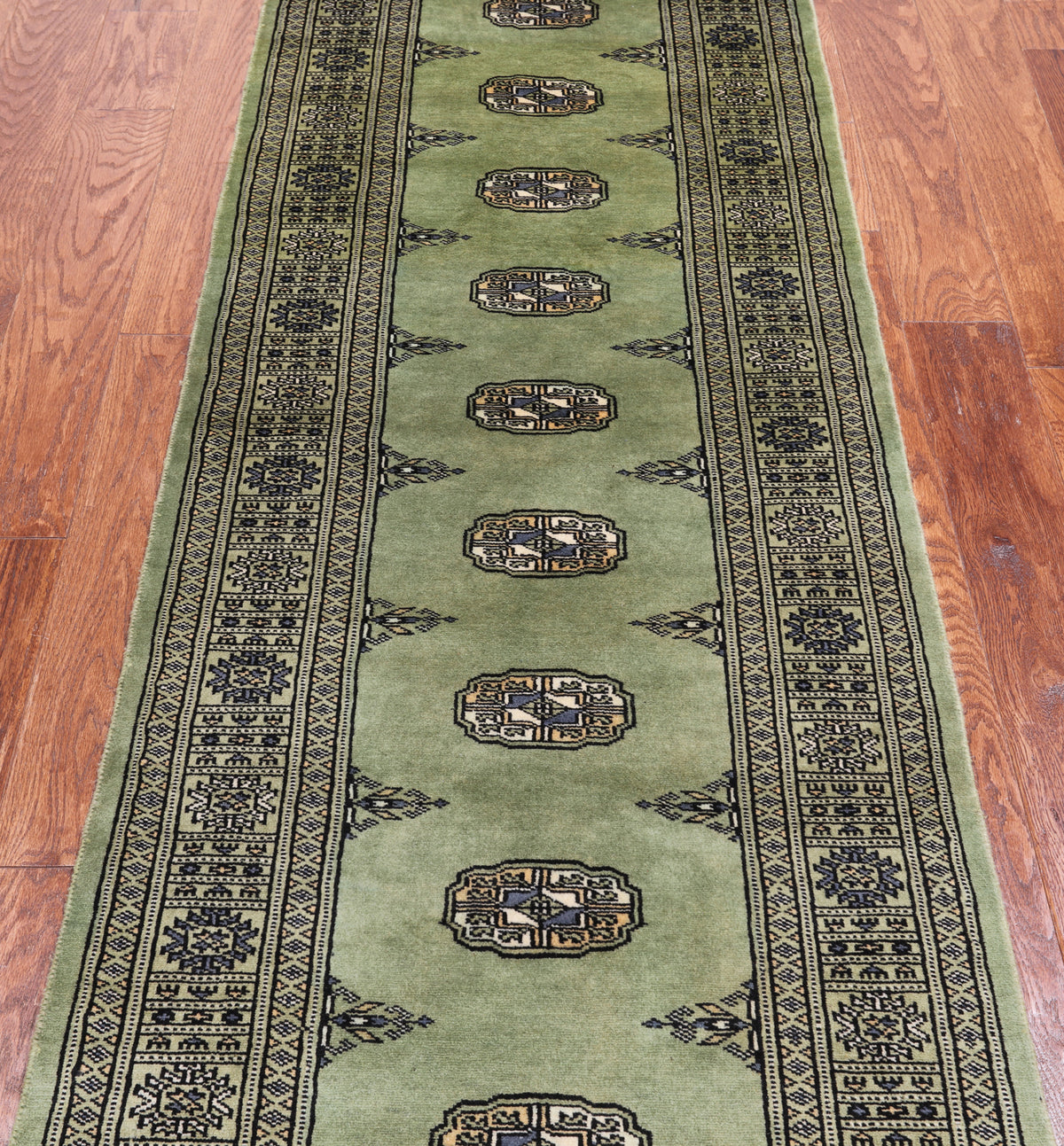 Green Bokhara Hand Knotted Wool Runner Rug - 2' 6" X 7' 7"