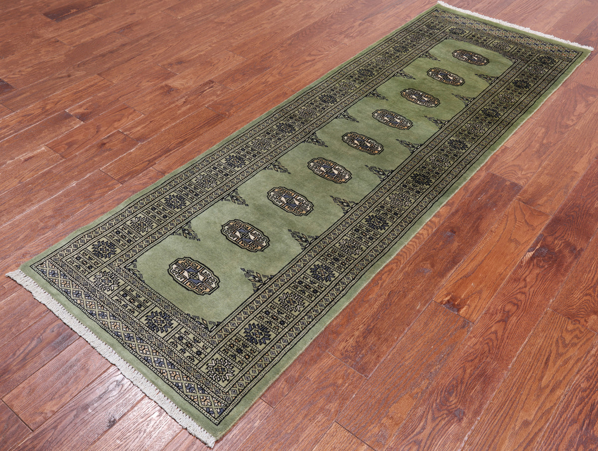 Green Bokhara Hand Knotted Wool Runner Rug - 2' 6" X 7' 7"