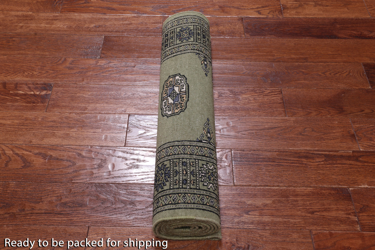 Green Bokhara Hand Knotted Wool Runner Rug - 2' 6" X 7' 7"