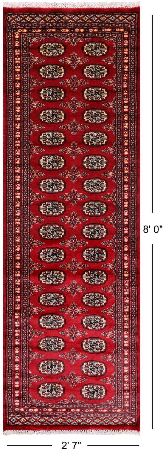 Red Bokhara Hand-Knotted Wool Runner Rug - 2' 7" X 8' 0"