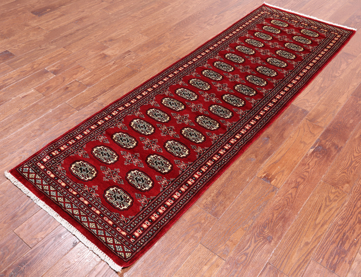 Red Bokhara Hand-Knotted Wool Runner Rug - 2' 7" X 8' 0"