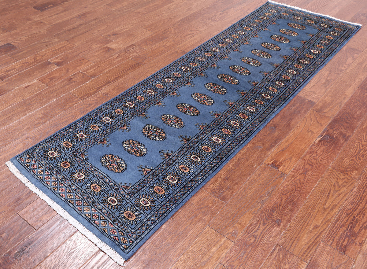 Blue Bokhara Hand Knotted Wool Runner Rug - 2' 6" X 8' 2"