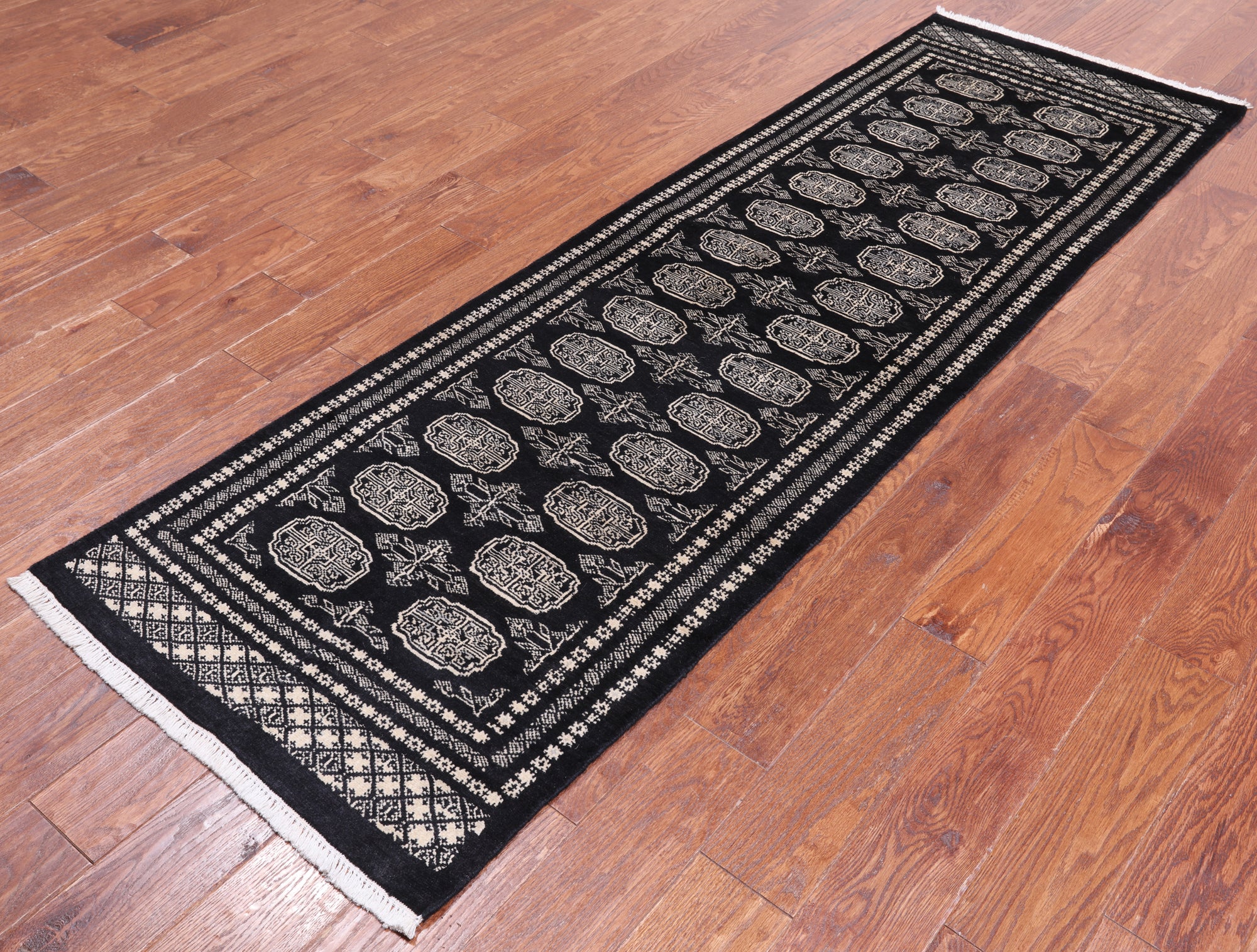 Black Bokhara Handmade Wool Runner Rug - 2' 6" X 8' 0"
