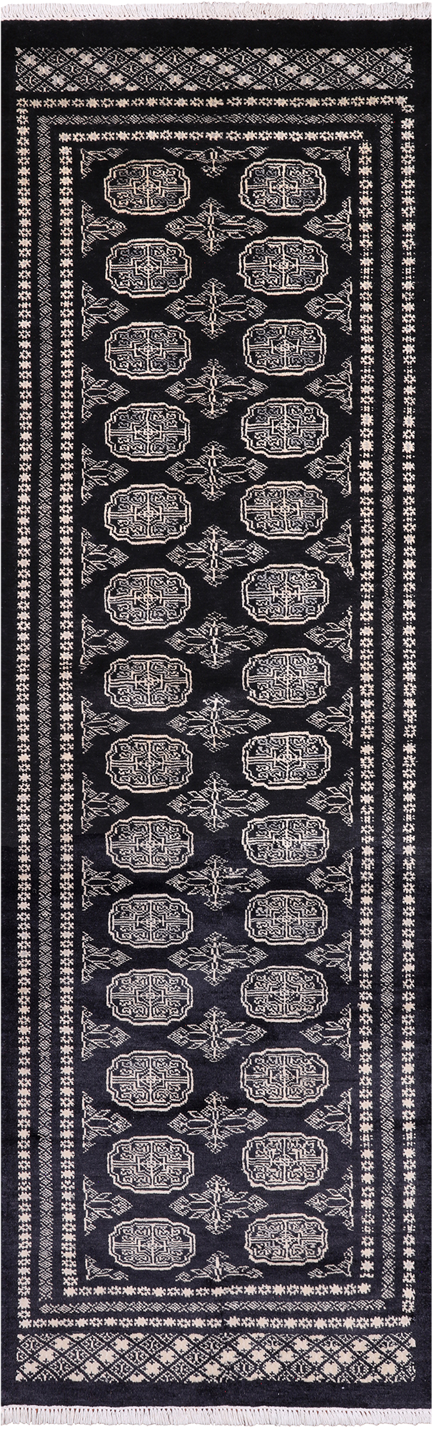Black Bokhara Handmade Wool Runner Rug - 2' 6" X 8' 0"