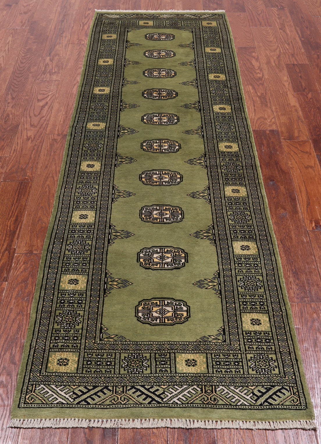 Green Bokhara Hand Knotted Wool Runner Rug - 2' 7" X 8' 2"