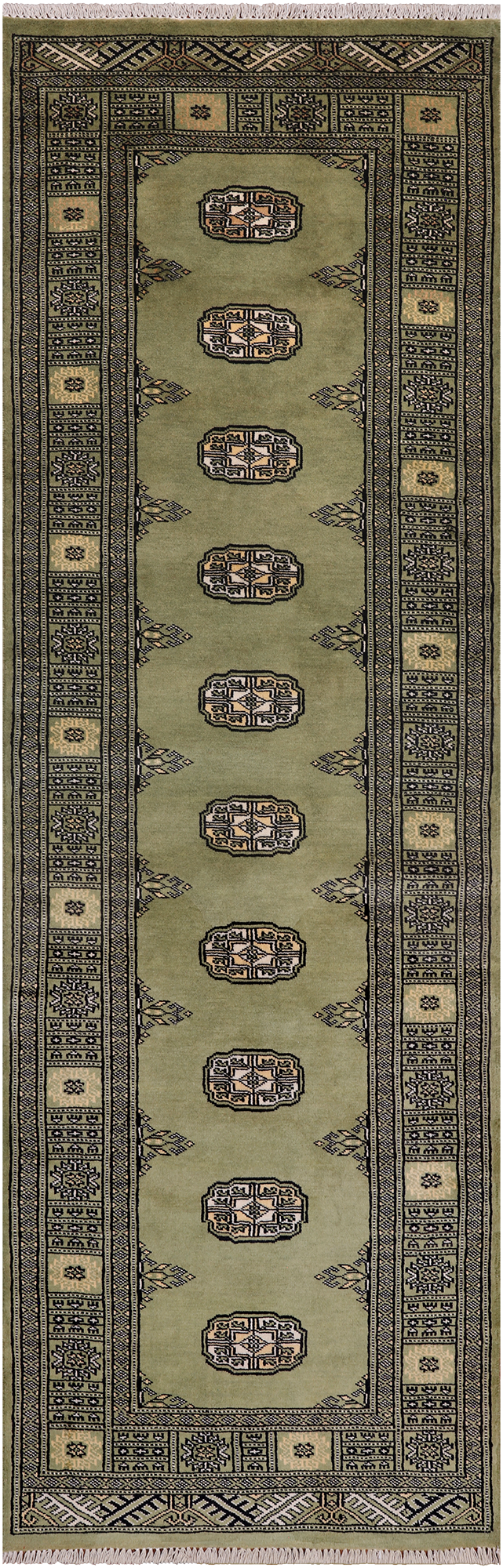 Green Bokhara Hand Knotted Wool Runner Rug - 2' 7" X 8' 2"