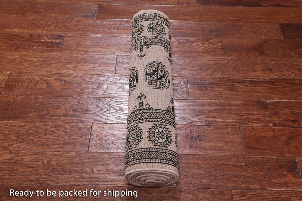 Beige Bokhara Hand Knotted Wool Runner Rug - 2' 7" X 9' 2"
