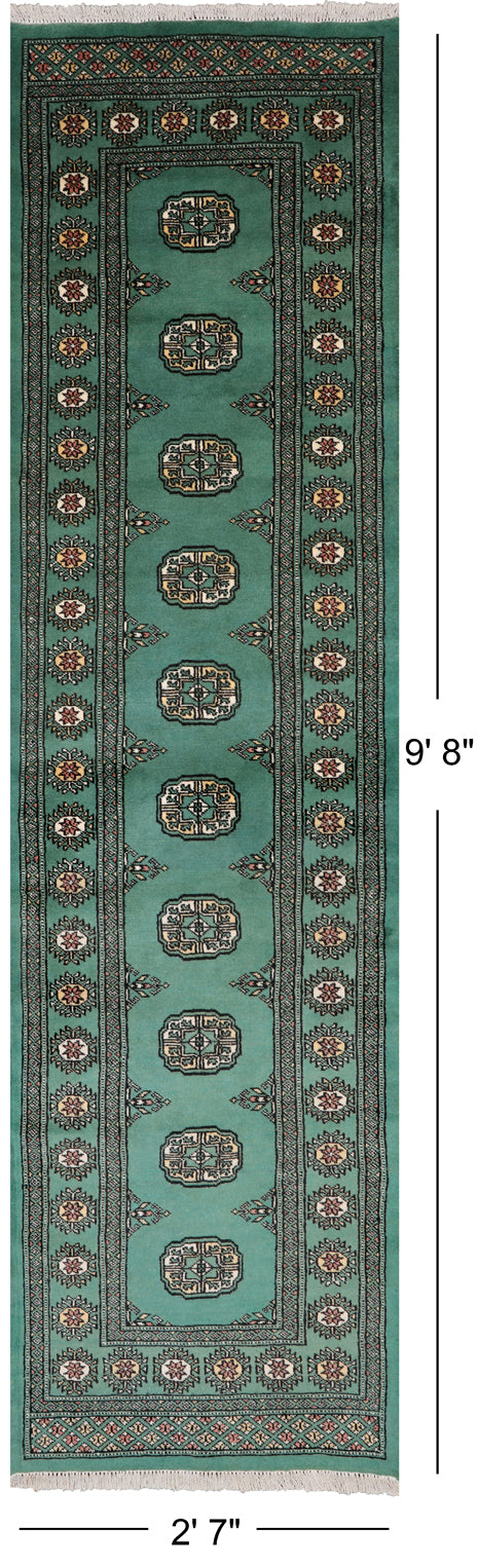 Green Bokhara Hand-Knotted Wool Runner Rug - 2' 7" X 9' 8"