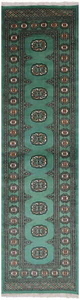 Green Bokhara Hand-Knotted Wool Runner Rug - 2' 7" X 9' 8"