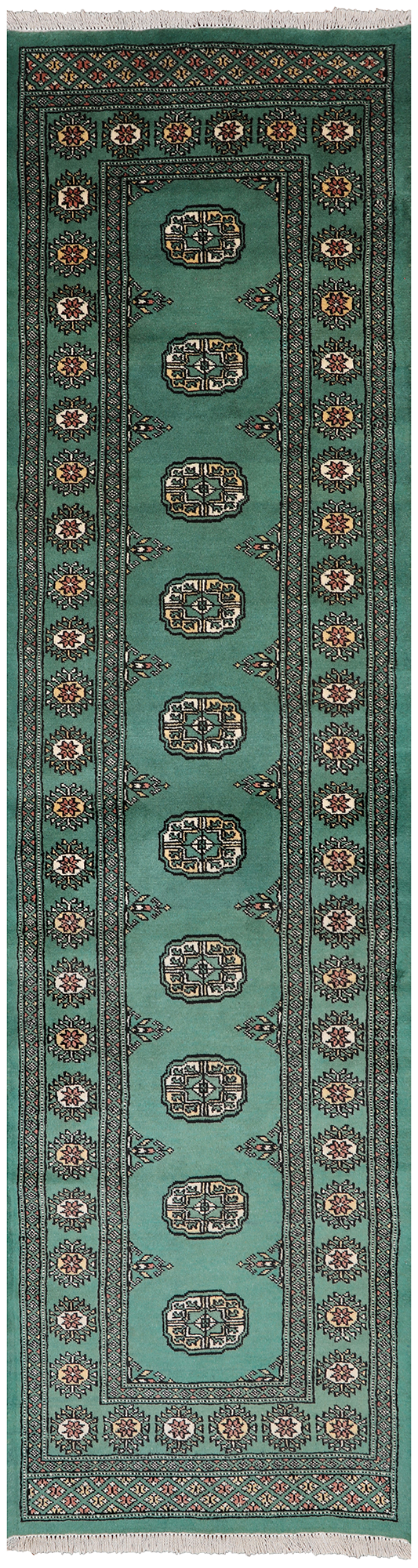 Green Bokhara Hand-Knotted Wool Runner Rug - 2' 7" X 9' 8"