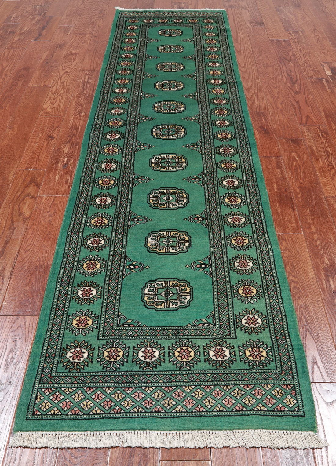 Green Bokhara Hand-Knotted Wool Runner Rug - 2' 7" X 9' 8"