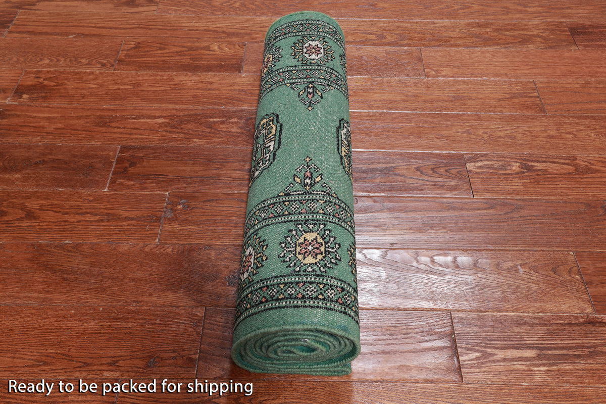 Green Bokhara Hand-Knotted Wool Runner Rug - 2' 7" X 9' 8"