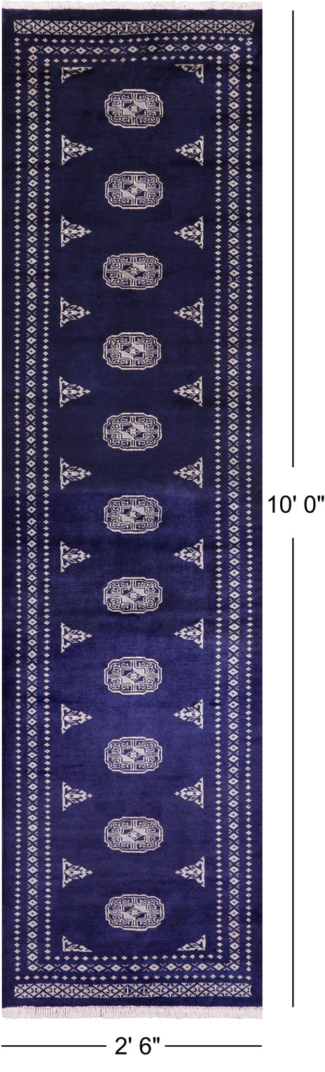 Navy Blue Bokhara Hand Knotted Wool Runner Rug - 2' 6" X 10' 0"