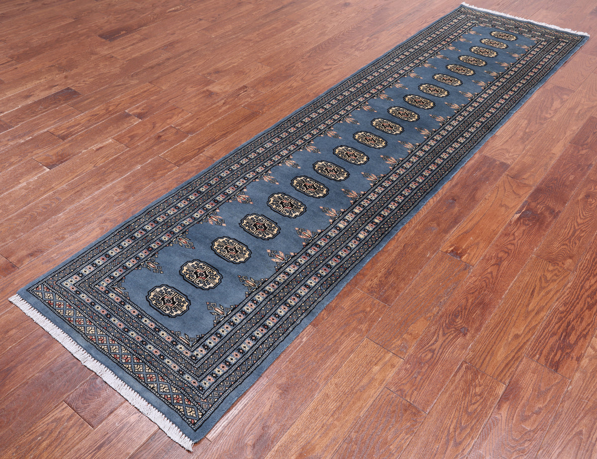 Blue Bokhara Hand Knotted Wool Runner Rug - 2' 6" X 9' 10"