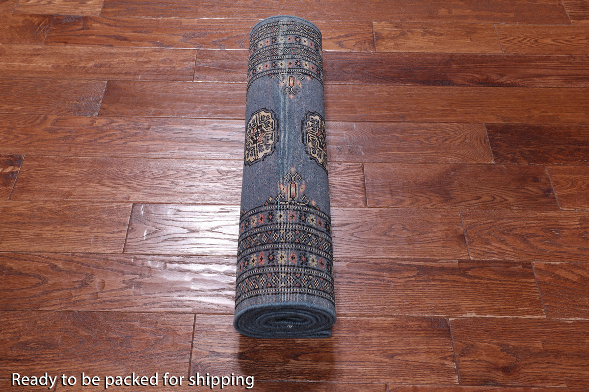 Blue Bokhara Hand Knotted Wool Runner Rug - 2' 6" X 9' 10"