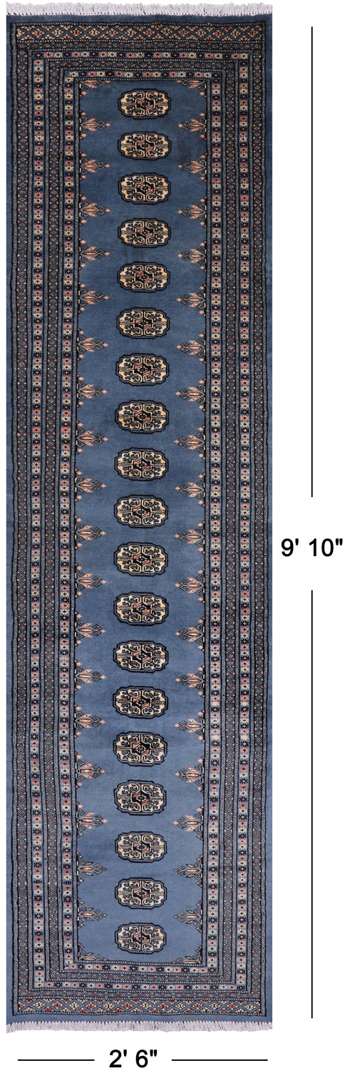 Blue Bokhara Hand Knotted Wool Runner Rug - 2' 6" X 9' 10"