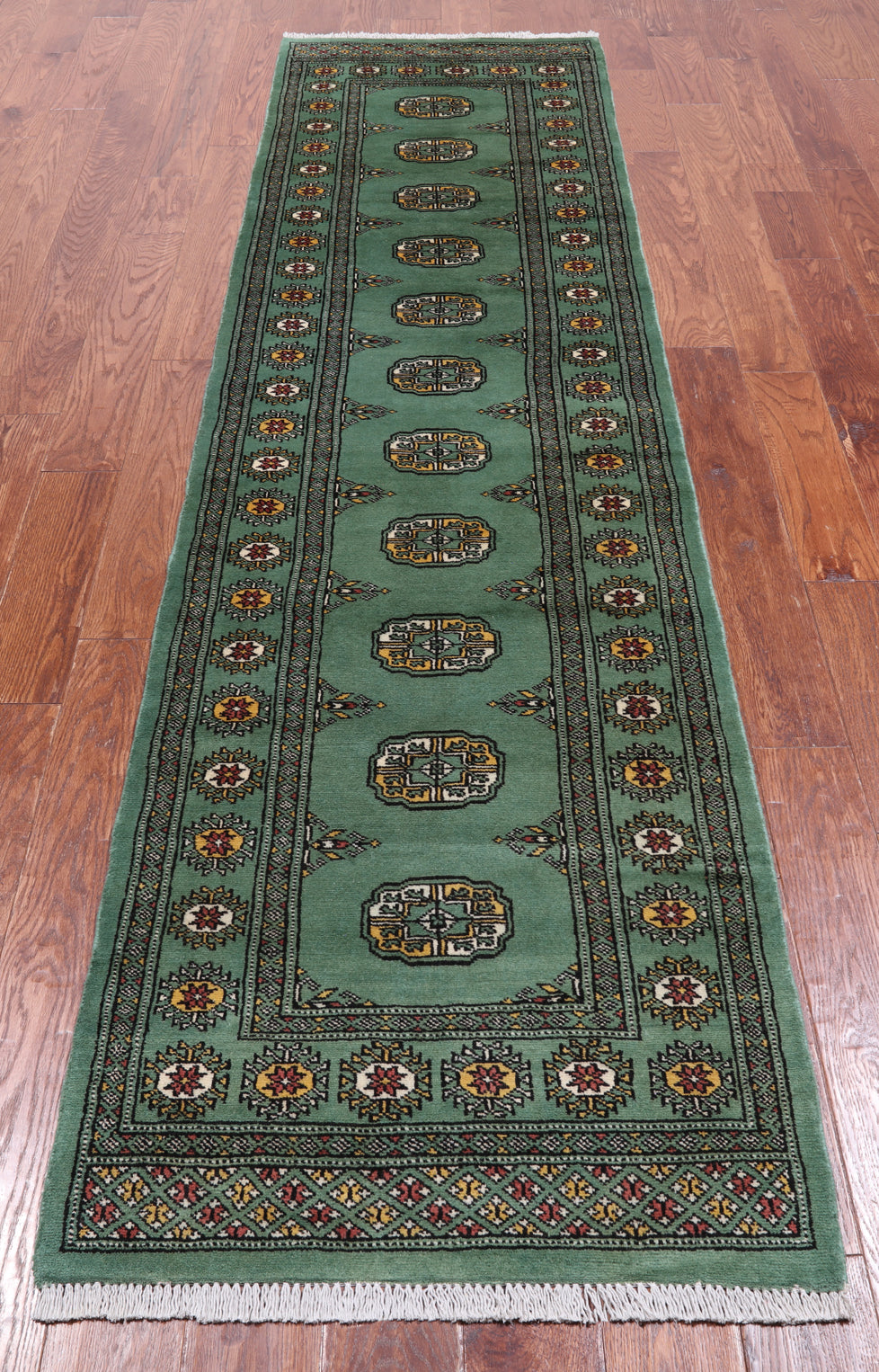 Green Bokhara Handmade Wool Runner Rug - 2' 6" X 9' 9"
