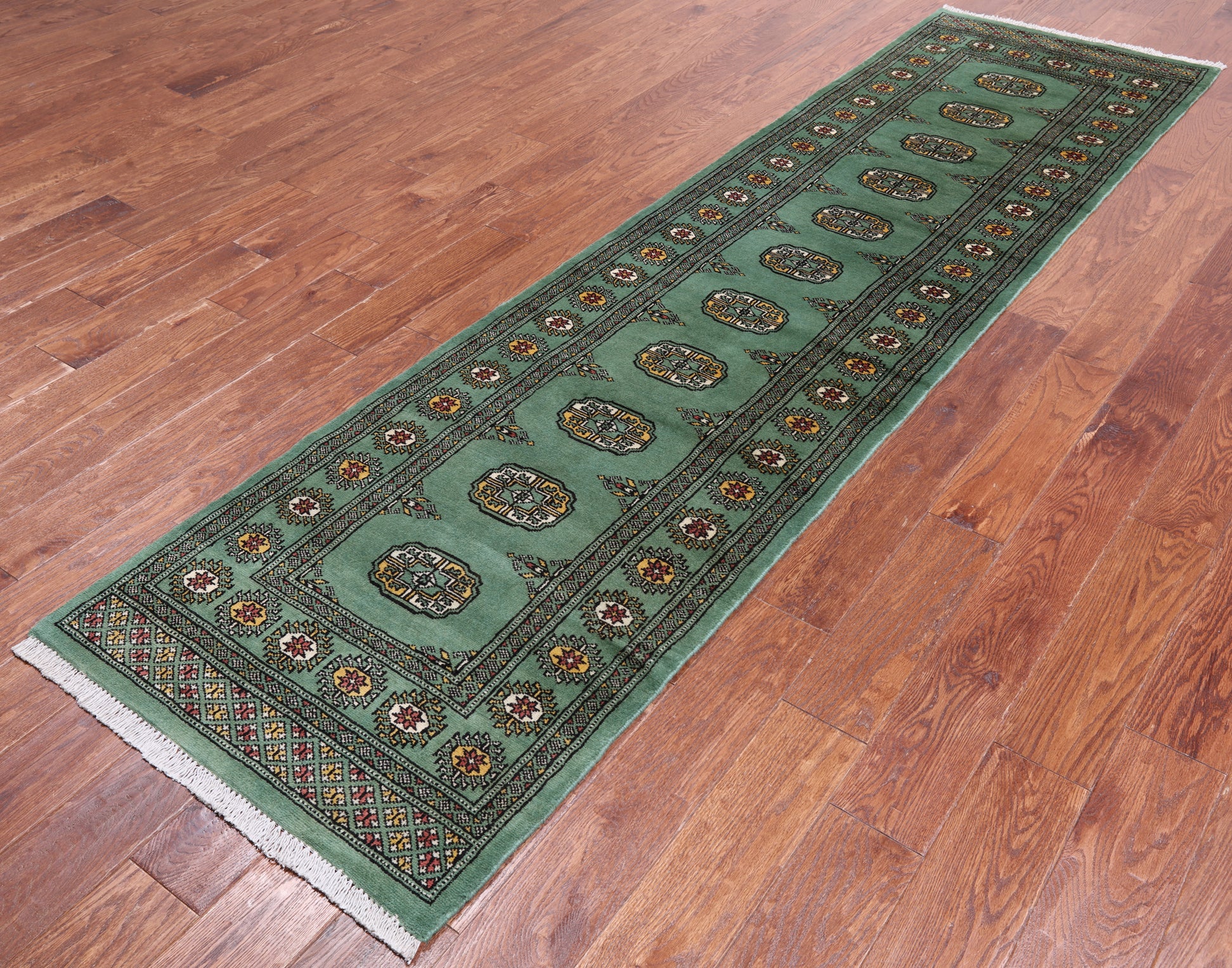 Green Bokhara Handmade Wool Runner Rug - 2' 6" X 9' 9"