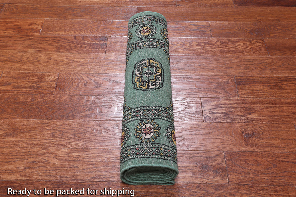 Green Bokhara Handmade Wool Runner Rug - 2' 6" X 9' 9"