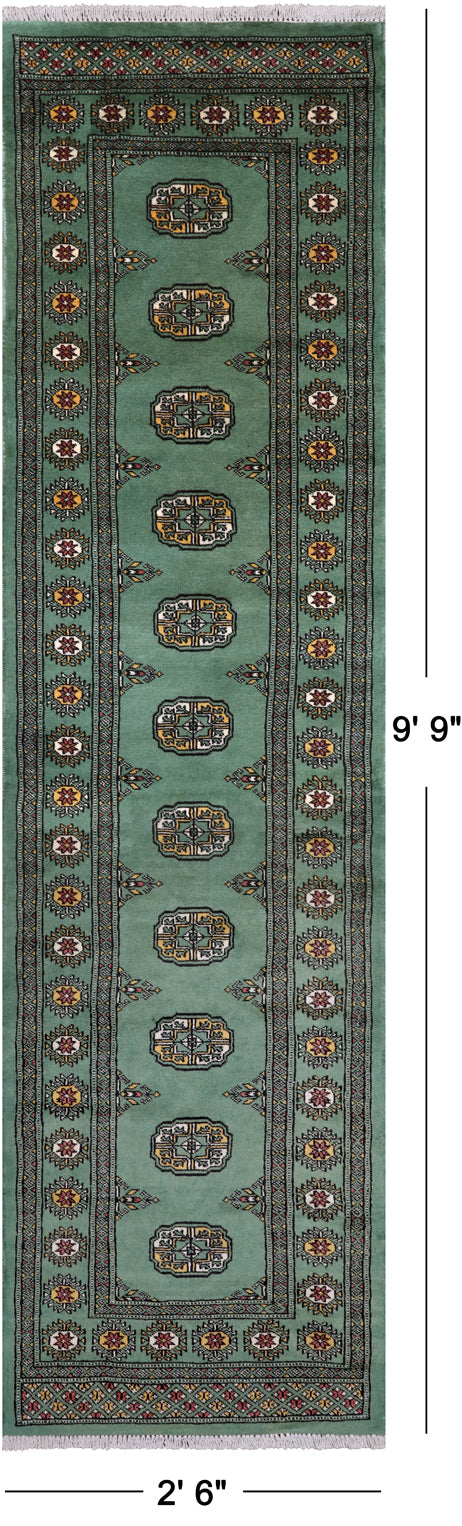 Green Bokhara Handmade Wool Runner Rug - 2' 6" X 9' 9"