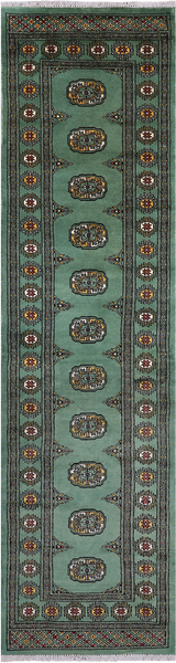 Green Bokhara Handmade Wool Runner Rug - 2' 6" X 9' 9"