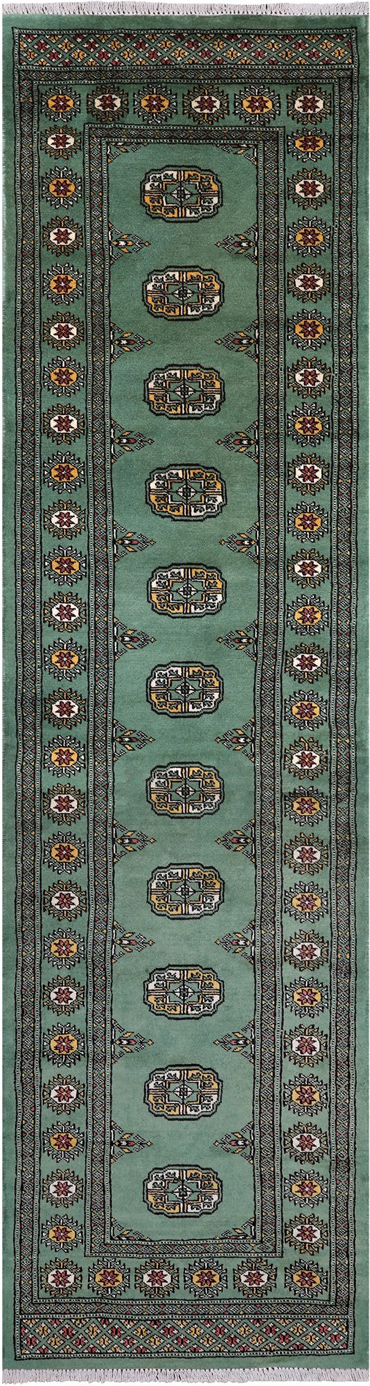 Green Bokhara Handmade Wool Runner Rug - 2' 6" X 9' 9"