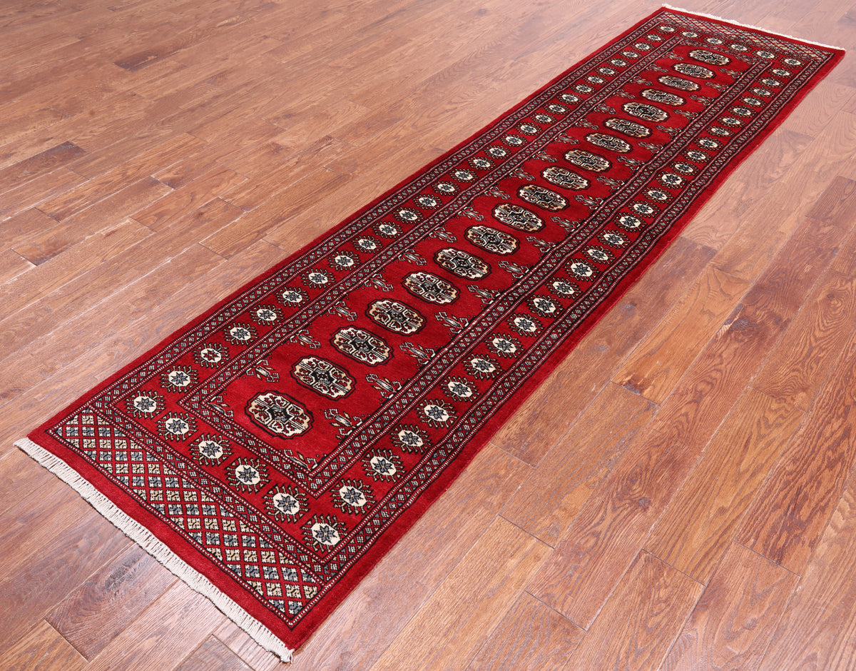 Red Bokhara Hand-Knotted Wool Runner Rug - 2' 6" X 9' 9"
