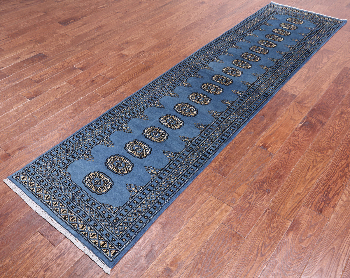 Blue Bokhara Hand Knotted Wool Runner Rug - 2' 6" X 10' 0"