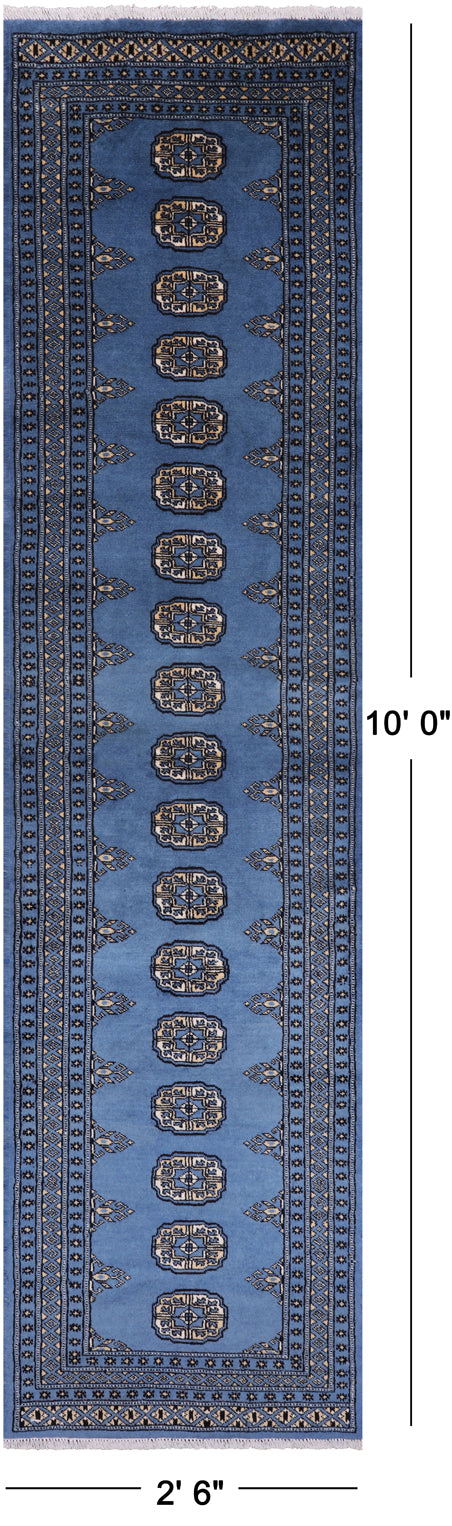 Blue Bokhara Hand Knotted Wool Runner Rug - 2' 6" X 10' 0"