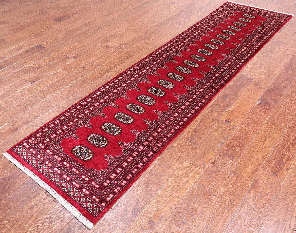 Red Bokhara Hand Knotted Wool Runner Rug - 2' 7" X 10' 3"