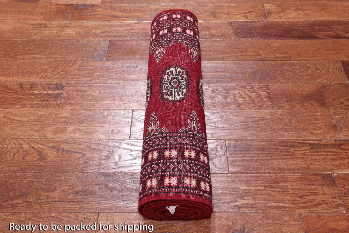 Red Bokhara Hand Knotted Wool Runner Rug - 2' 7" X 10' 3"